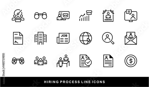 Hiring Process Line Icons. Recruitment, Job Application, Interview, Candidate Selection Vector Set