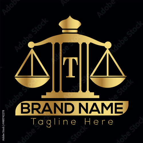 Justice scale symbol on Black background with legal and balance concept T logo Design 
