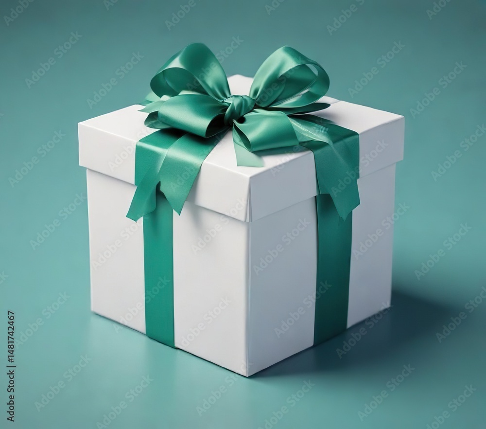 Fototapeta premium White gift box with green ribbon and bow on a teal blue background, present, blue