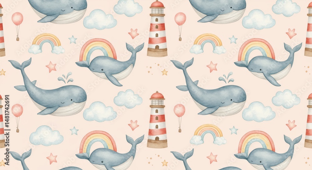 Fototapeta premium Illustration: Seamless Pattern With Watercolor Whale Rainbow And Lighthouse