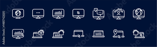 Remote Work Line Icons . Freelancer Work from Home, Video Call, Online Meeting, Teleconference Vector Set