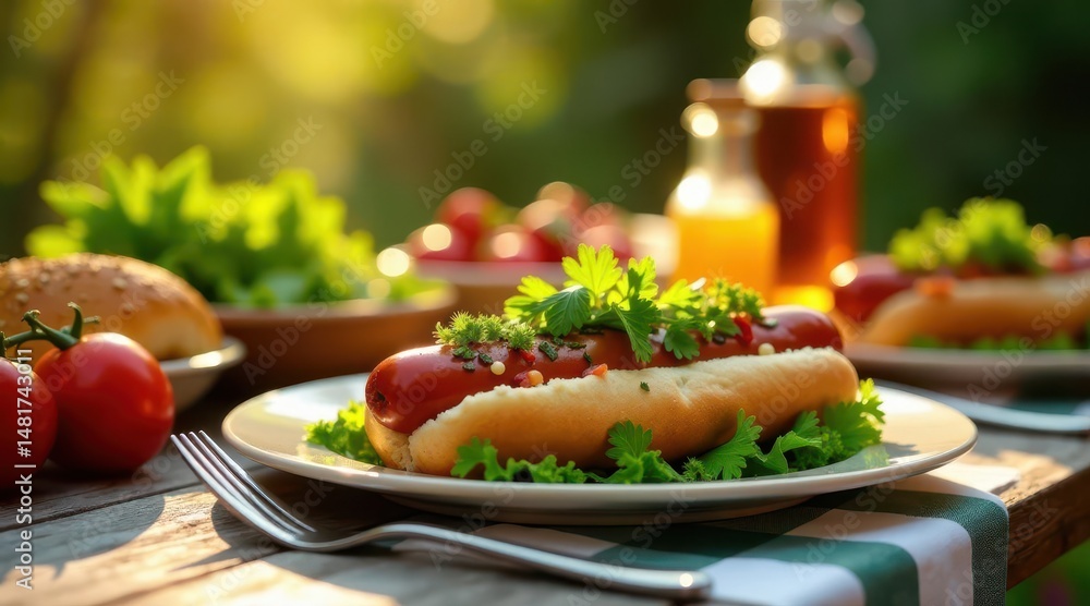 Delicious Grilled Sausage in a Bun with Fresh Herbs and Vegetables on a Rustic Table Setting at Sunset Delicious Grilled Sausage in a Bun with Fresh Herbs and Vegetables on a Rustic Table Setting at Sunset
