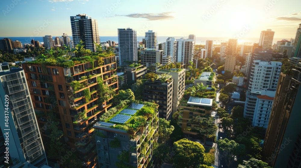 Fototapeta premium Sustainable urban development with green roofs and vertical gardens.