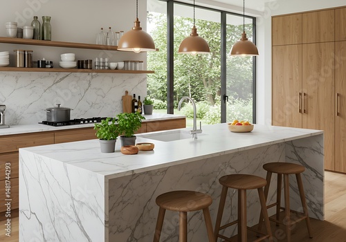 The image showcases a contemporary kitchen with a prominent marble island and wooden bar stools, illuminated by black pendant lights, complemented by wooden cabinetry and a garden view