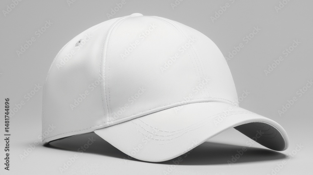 A white baseball cap with a curved brim. A white baseball cap with a curved brim.