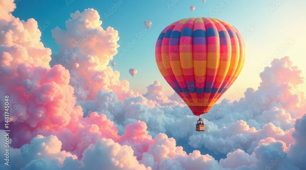 Fototapeta premium A Colorful Hot Air Balloon Soaring Through a Dreamlike Sky Filled with Soft Pink and White Clouds