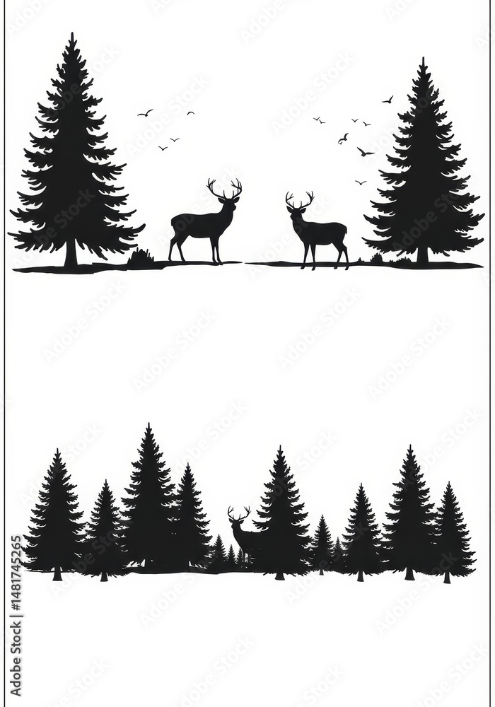 Illustration Deer and Pine Tree Forest Silhouette Illustration Deer and Pine Tree Forest Silhouette
