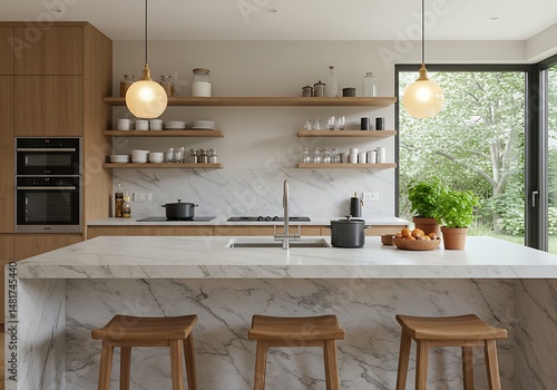 A contemporary kitchen with a white marble island and wooden bar stools is highlighted by black pendant lights, warm wooden cabinets, and a large window offering a garden vista