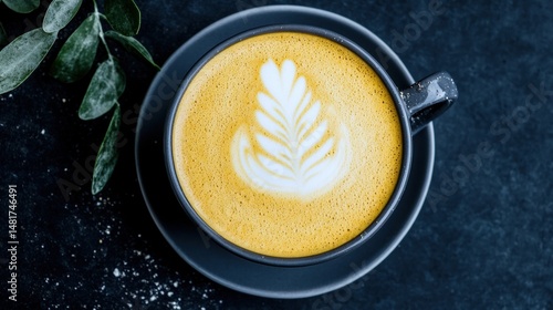 A cup of coffee with latte art on a black saucer.