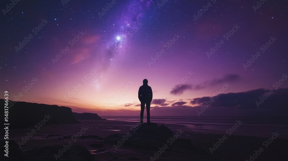 Fototapeta premium A person stands on a rock by the sea, gazing at the stars and the beautiful galaxy. A night sky full of wonder awaits.