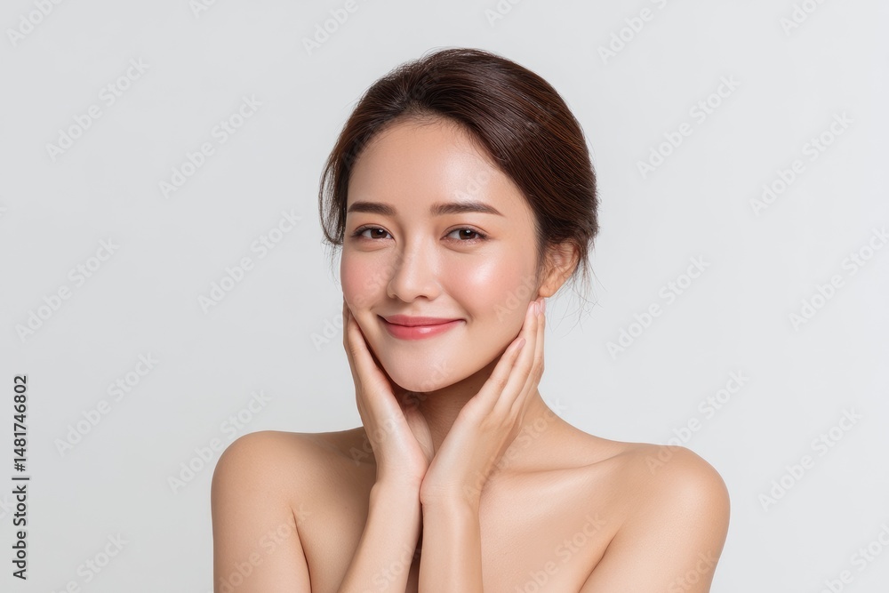 Obraz premium Woman Touching Face Smiling with Bare Shoulders Portrait