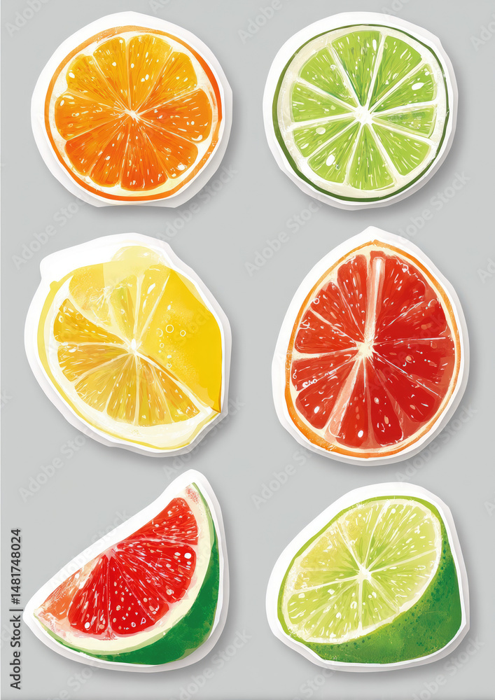 Fototapeta premium Fruit slice sticker set in juicy vibrant colors ideal for summer planners, recipes, and kitchen journals