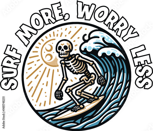 Surf More Worry Less Vector T-Shirt Design with Skeleton Surfer
