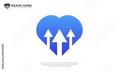 Heart three arrows logo. Modern logo combining a heart with three upward arrows, symbolizing passionate progress, upliftment, loving development, heartfelt, progress, growth, and forward movement.