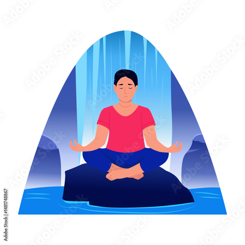 A character taking waterfall meditation, flat illustration