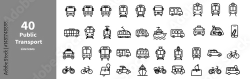 Black and white Icons design with vector silhouettes of 40 public transport Line icons