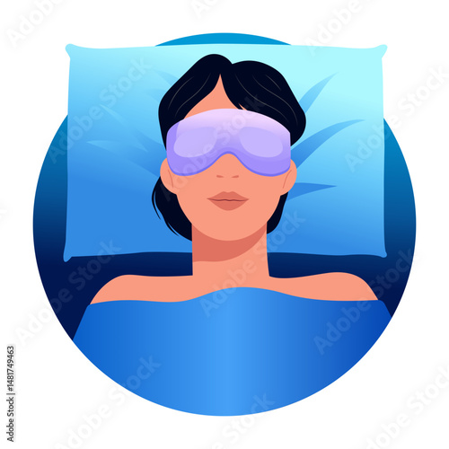 A woman wearing a sleeping mask, flat style illustration