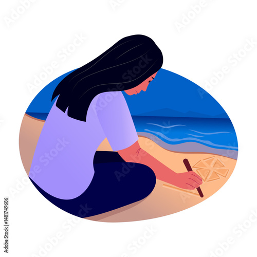 A character making a sand drawing, flat illustration