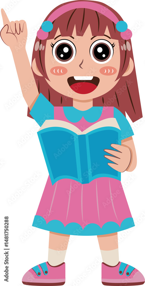 Obraz premium Illustration of Girl Raising Hand While Holding Book