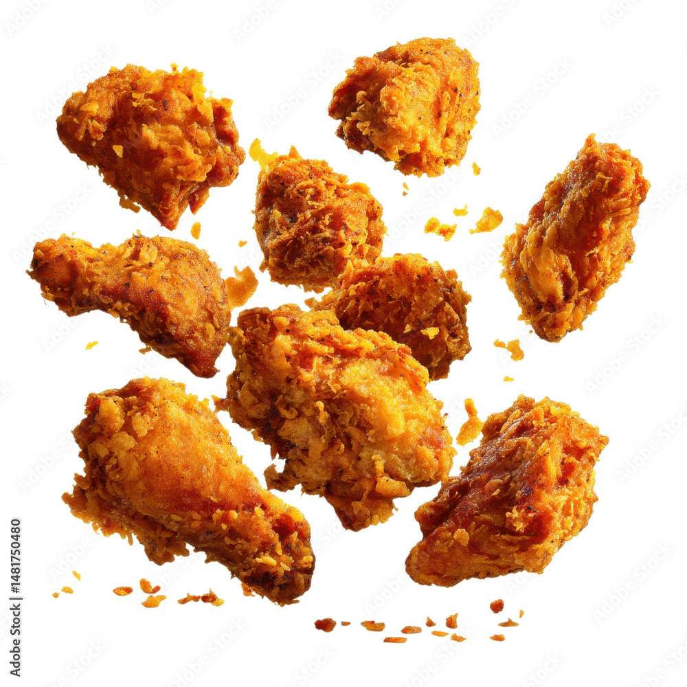 Crispy fried chicken pieces flying in the air isolated on transparent or white background. A high resolution PNG image of Crispy fried chicken pieces flying in the air. Crispy fried chicken pieces flying in the air isolated on transparent or white background. A high resolution PNG image of Crispy fried chicken pieces flying in the air.