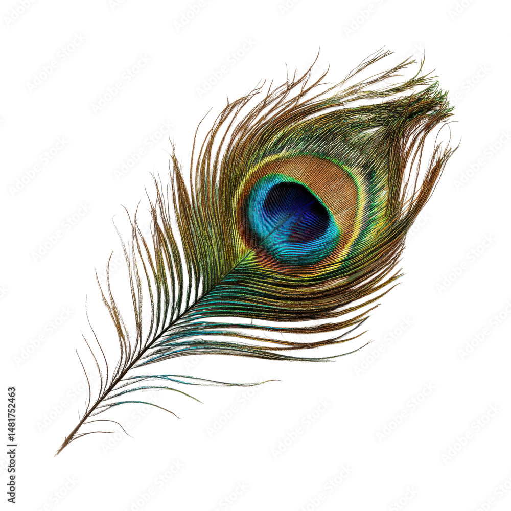 Obraz premium Beautiful peacock feather isolated on transparent or white background. A high resolution PNG image of Beautiful peacock feather.