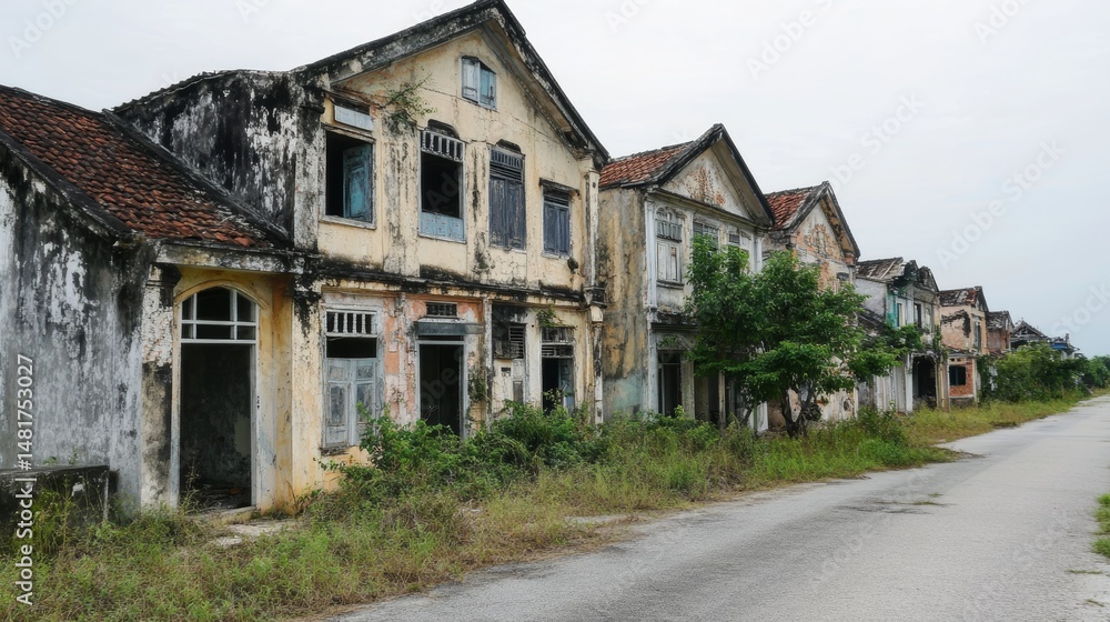 Abandoned shophouse row: deteriorating facade of old buildings architectural decay and historical ghost town setting with weathered textures perfect for urban exploration background Abandoned shophouse row: deteriorating facade of old buildings architectural decay and historical ghost town setting with weathered textures perfect for urban exploration background