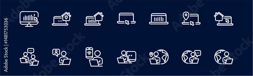 Remote Work Line Icons . Freelancer Work from Home, Video Call, Online Meeting, Teleconference Vector Set