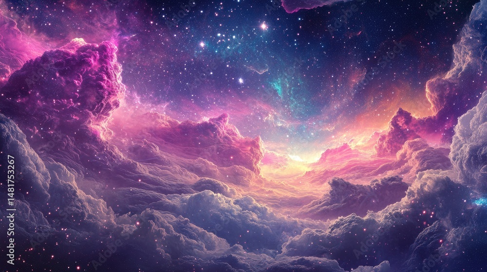 Fototapeta premium Vibrant Nebula Cloudscape With Radiant Stars And Cosmic Dust. A Majestic Celestial Scene For Backgrounds And Artistic Concepts.