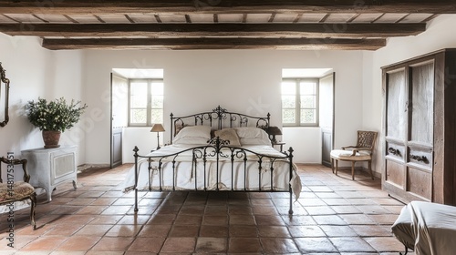 Rustic bedroom design: tuscan farmhouse interior with iron bed terracotta tile floor and exposed wood beams vintage furniture adds a classic elegant touch 