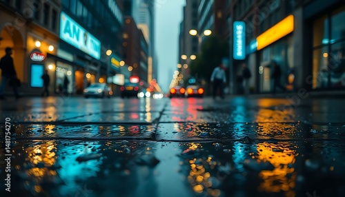 Fototapeta Naklejka Na Ścianę i Meble -  wet city street at night with people walking on the sidewalk