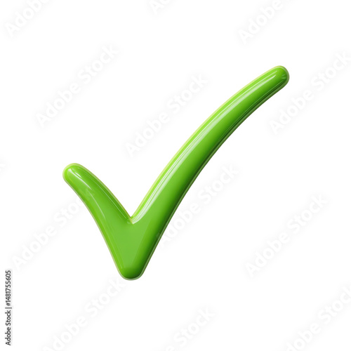 Glossy green check mark symbol isolated on transparent background