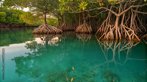 Serene Mangrove Estuary at Dawn Stunning tropical lagoon scene featuring crystal clear water teeming with fish and lush mangrove trees reflecting peacefully on the surface.