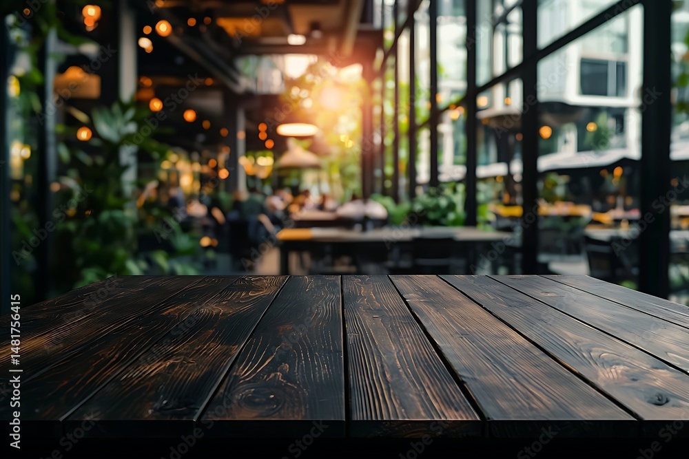 Rustic cafe interior, wooden table Rustic cafe interior, wooden table