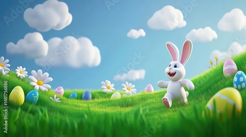 Playful Easter bunny hops through a grassy field.