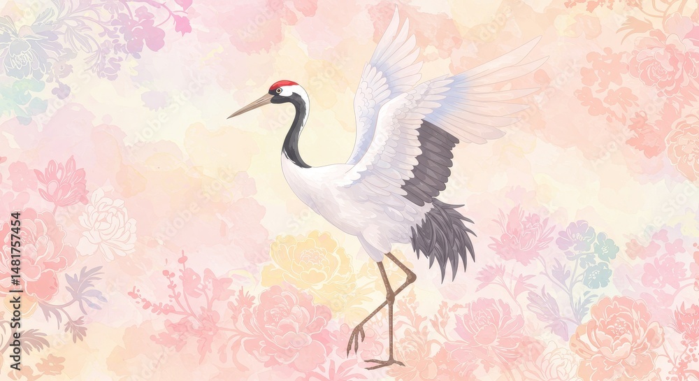 Fototapeta premium Illustration of Japanese Crane Bird with Pink Floral Background