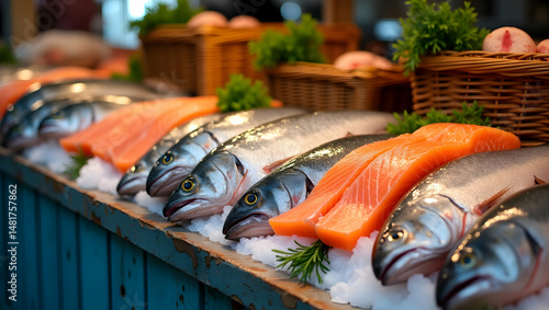 Fresh Catch of the Day, A Colorful Array of Salmon Fillets and Whole Fish Displayed on Ice, a Feast for the Eyes and the Palate, Market Scene