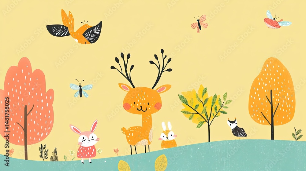 Obraz premium Playful forest creatures in a pastel landscape.