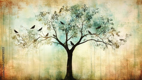 Stylized tree silhouette with nesting birds forest background and natural tones artwork depicting nature's beauty and serenity in a whimsical artistic style 