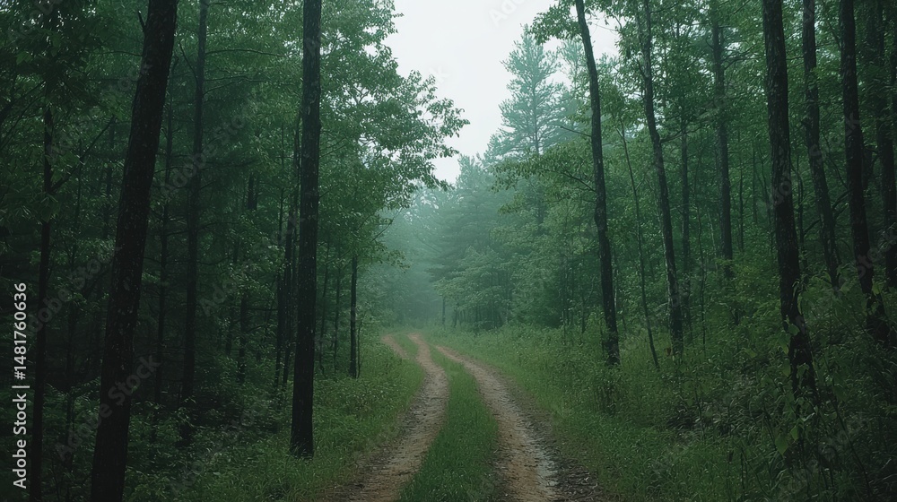 Fototapeta premium A dirt road winds through a dense forest.
