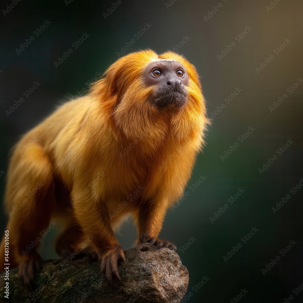 Obraz premium Golden lion tamarin primate portrait against dark background.