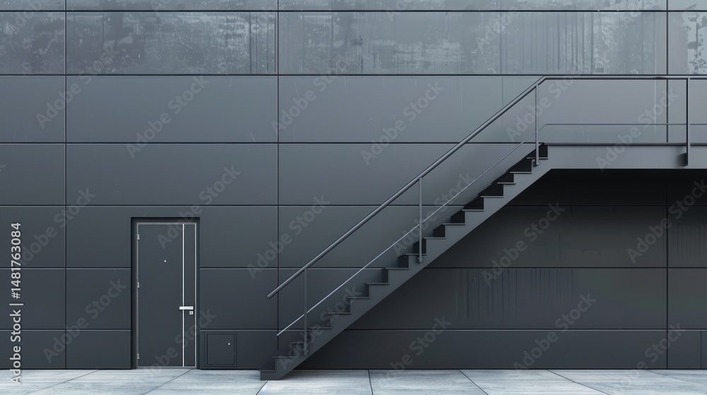 Obraz premium Exterior fire escape against a dark gray wall. A simple metal staircase leads upwards against a modern building facade. A matching dark door is visible