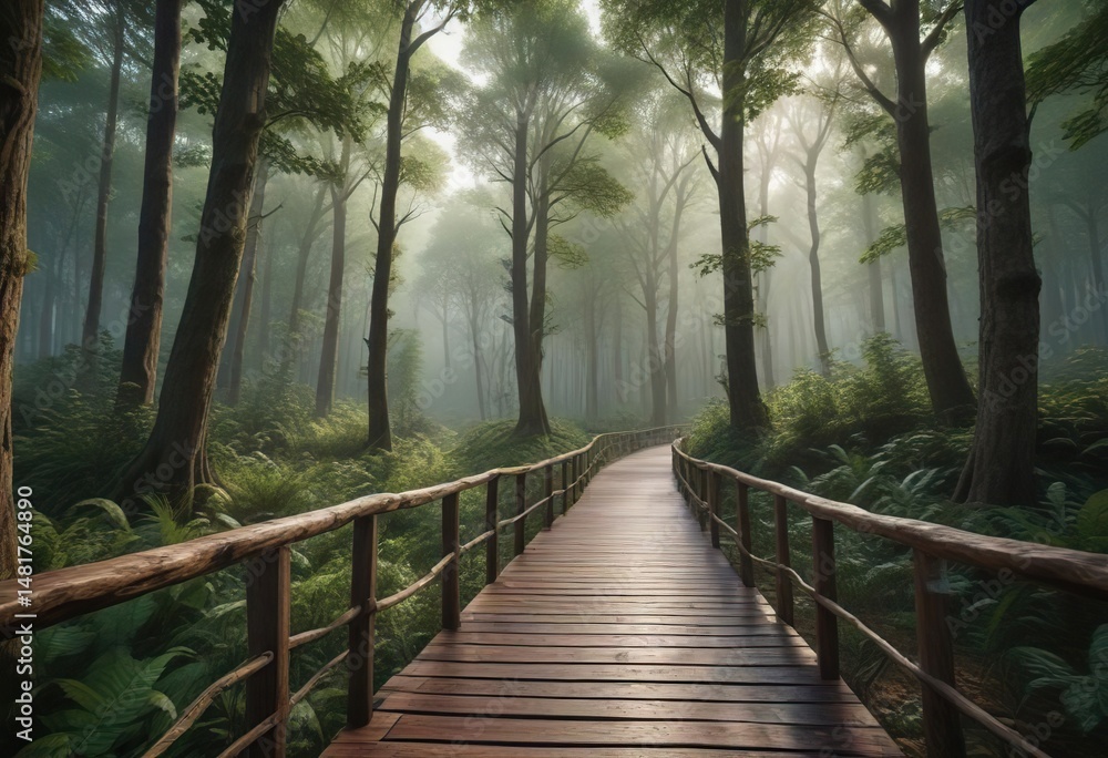 Obraz premium Wooden walkway in a dense forest with majestic trees towering overhead, vertical, tranquil