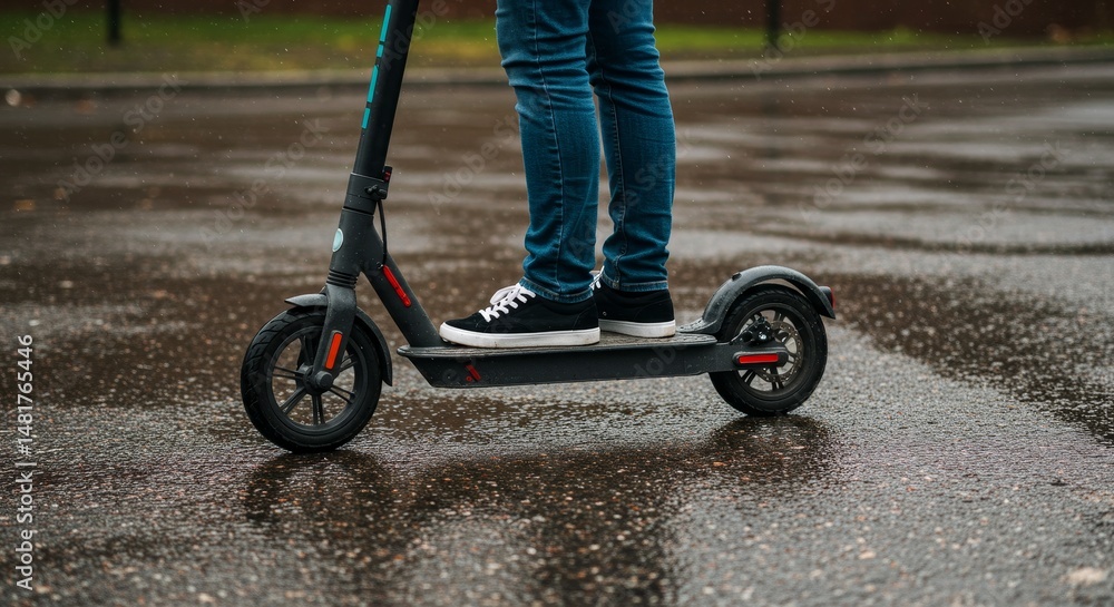 Obraz premium Photo of Person Riding Electric Scooter on Rainy City Street