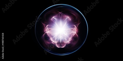 A captivating purple light is emanating from a perfectly shaped sphere that is placed against a striking black background