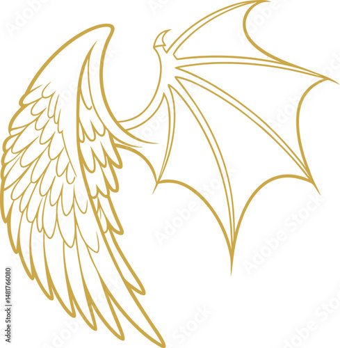 Golden line art of angel and dragon wings combined in a single elegant design. Perfect for fantasy themes, tattoos, and mythical artwork. Ideal for prints, logos, or symbolic concepts.