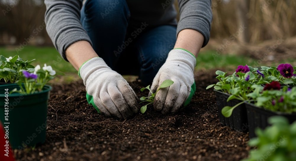 Fototapeta premium Photo of Planting Seedlings in Garden Soil