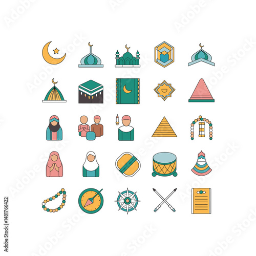 Colorful Islamic Flat Icon Set – Elements for Ramadan, Hajj, Quran, and Muslim Culture