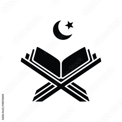 Holy Quran on Rehal with Crescent Moon and Star – Islamic Silhouette Icon