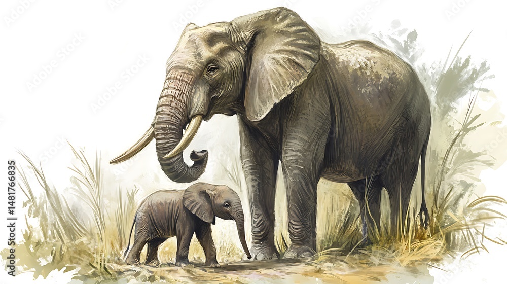 Fototapeta premium Majestic elephant stands protectively while a small calf explores the brush on transparent background