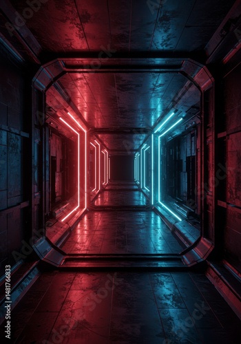 Fototapeta Naklejka Na Ścianę i Meble -  3D Neon Corridor: Red and Blue Lights in Dark Tunnel
